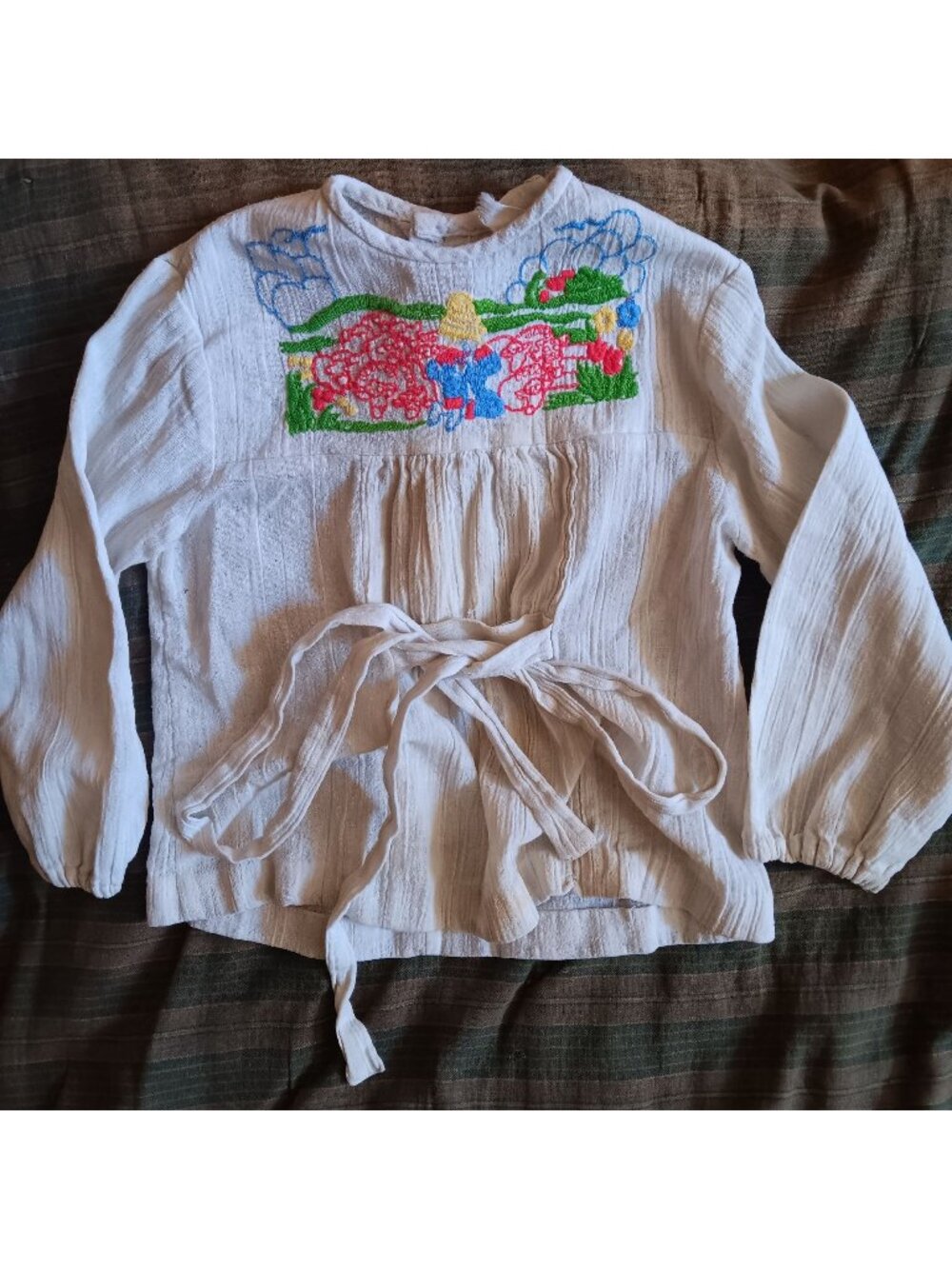 Girls White Embroidered Sz 6 Vintage 70's Peasant Top Belt Textured Cotton Hippy